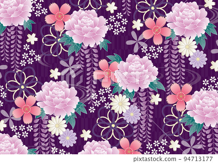 Gorgeous Japanese pattern of purple wisteria and peonies Gorgeous Japanese pattern of purple wisteria and peonies 94713177