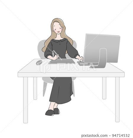 一位女士一邊微笑著使用數位板一邊操作電腦 94714532