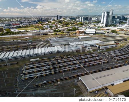 Aerial view of train depot in Brisbane, Australia 94714570