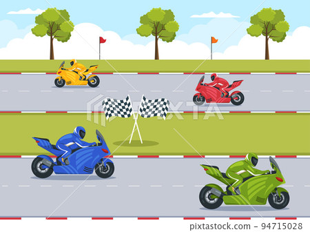 Racing Motosport Speed Bike Template Hand Drawn Cartoon Flat Illustration for Competition or Championship Race by Wearing Sportswear and Equipment 94715028
