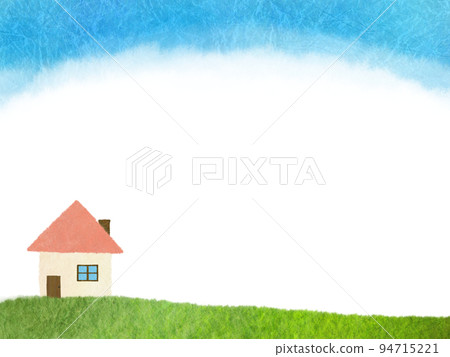 Landscape illustration of a house built in a tranquil meadow drawn with Japanese paper torn pictures 94715221