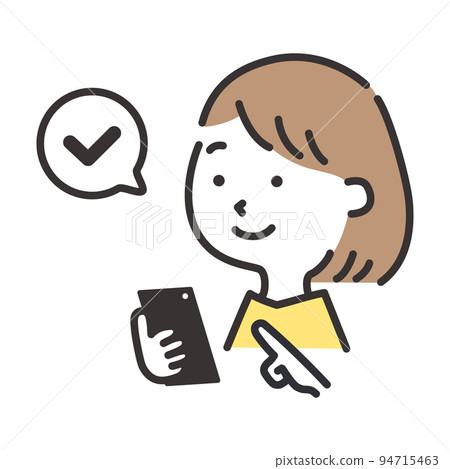 Illustration of a woman operating a smartphone with a smile 94715463