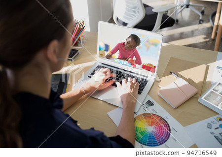 Female teacher having a videocall with female student on laptop at home Female teacher having a videocall with female student on laptop at home 94716549