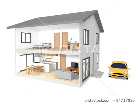 Cross-section CG perspective of a two-story house seen from an angle 94717056