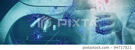 Composite image of digital image of blue coronavirus. Testing for Coronavirus pandemic Composite image of digital image of blue coronavirus. Testing for Coronavirus pandemic 94717821