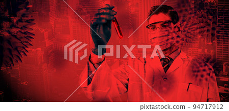 Composite image of doctor wearing protective glasses and surgical mask holding a test tube. Testing Composite image of doctor wearing protective glasses and surgical mask holding a test tube. Testing 94717912