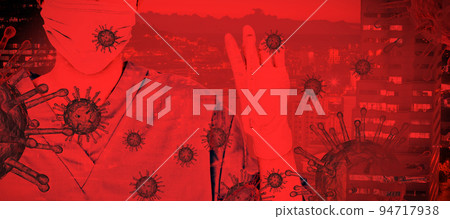 Composite image of young female doctor holding a thermometer. Testing for Coronavirus pandemic Composite image of young female doctor holding a thermometer. Testing for Coronavirus pandemic 94717938