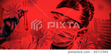 Composite image of female scientist holding test tube. Testing for Coronavirus pandemic Composite image of female scientist holding test tube. Testing for Coronavirus pandemic 94717945