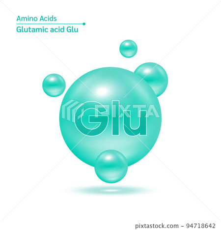 Glutamic amino acid capsules vitamins complex minerals. 3D Model of molecule blue isolated on white background. Glutamic amino acid capsules vitamins complex minerals. 3D Model of molecule blue isolated on white background. 94718642