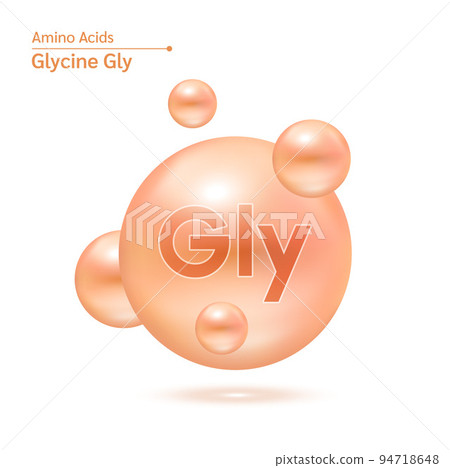 Glycine amino acid capsules vitamins complex minerals. 3D Model of molecule orange isolated on white background. Glycine amino acid capsules vitamins complex minerals. 3D Model of molecule orange isolated on white background. 94718648