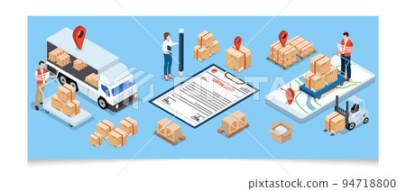 3D isometric Global logistics network concept with Transportation operation service, Export, Import, Cargo, Air, Road, Maritime delivery. Vector illustration EPS 10 94718800