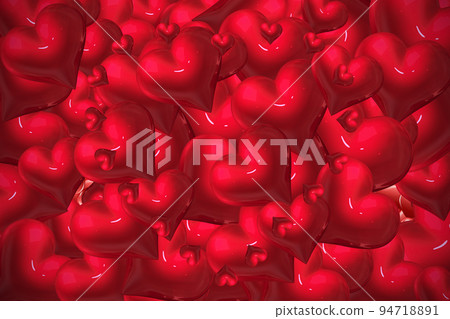 Abstract illustration of multiple glossy hearts against red background 94718891