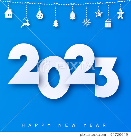 2023 Happy New Year with white text on blue background. Vector 94720649