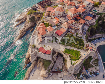 Amazing view on Ulcinj town in Montenegro. Clock Tower of Ulcinj Sahat Kulla. Lami Mosque. Ulcinj is a popular tourist destination in the summer on the southern Adriatic coast of Montenegro. Ulqin 94721020