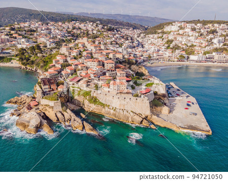 Amazing view on Ulcinj town in Montenegro. Clock Tower of Ulcinj Sahat Kulla. Lami Mosque. Ulcinj is a popular tourist destination in the summer on the southern Adriatic coast of Montenegro. Ulqin Amazing view on Ulcinj town in Montenegro. Clock Tower of Ulcinj Sahat Kulla. Lami Mosque. Ulcinj is a popular tourist destination in the summer on the southern Adriatic coast of Montenegro. Ulqin 94721050