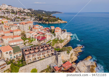 Amazing view on Ulcinj town in Montenegro. Clock Tower of Ulcinj Sahat Kulla. Lami Mosque. Ulcinj is a popular tourist destination in the summer on the southern Adriatic coast of Montenegro. Ulqin 94721103