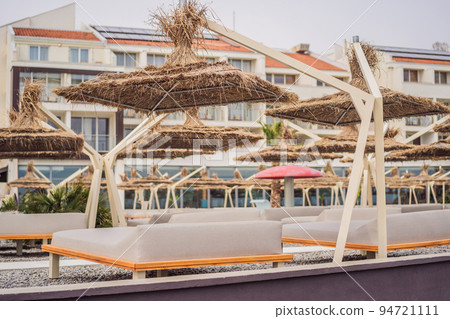 Sun umbrellas and deckchairs on the Copacabana beach, part of Great Beach Velika Plaza in Ulcinj. Location: Ulcinj, Montenegro, Balkans, Europe Sun umbrellas and deckchairs on the Copacabana beach, part of Great Beach Velika Plaza in Ulcinj. Location: Ulcinj, Montenegro, Balkans, Europe 94721111