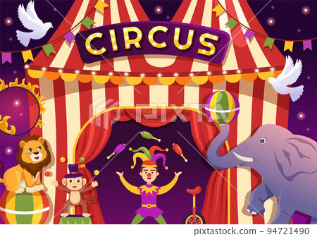 Circus Template Hand Drawn Cartoon Flat Illustration with Show of Gymnast, Magician, Animal Lion, Host, Entertainer, Clowns and Amusement Park 94721490