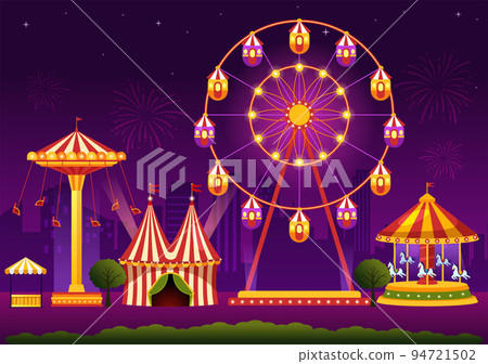 Circus Template Hand Drawn Cartoon Flat Illustration with Show of Gymnast, Magician, Animal Lion, Host, Entertainer, Clowns and Amusement Park 94721502
