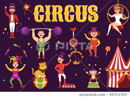 Circus Template Hand Drawn Cartoon Flat Illustration with Show of Gymnast, Magician, Animal Lion, Host, Entertainer, Clowns and Amusement Park Circus Template Hand Drawn Cartoon Flat Illustration with Show of Gymnast, Magician, Animal Lion, Host, Entertainer, Clowns and Amusement Park 94721503