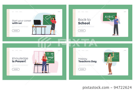 Teachers Stand at Blackboard Landing Page Template Set. Tutors Teach Different Subjects. Tutor Characters Explain Lesson 94722624