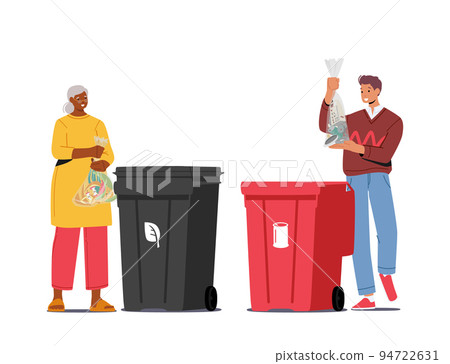 City Dwellers Sorting Trash. People Throw Garbage into Containers for Organic and Metal Waste, Litter Bins for Recycling 94722631