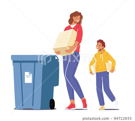 Mother and Son Throw Garbage into Containers with Sign for Recycle Paper. Woman Use Bin for Collecting Litter Mother and Son Throw Garbage into Containers with Sign for Recycle Paper. Woman Use Bin for Collecting Litter 94722655