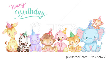 Cute animal watercolor touch illustration. Happy birthday vector design.　Happy Birthday 94722677