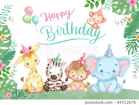 Cute animal watercolor touch illustration. Happy birthday vector design.　Happy Birthday 94722679