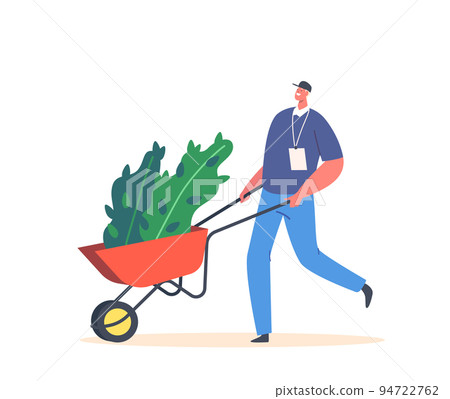 Volunteer Male Character with Tree Seedlings in Wheelbarrow Isolated on White Background. Saving Nature, Environment Volunteer Male Character with Tree Seedlings in Wheelbarrow Isolated on White Background. Saving Nature, Environment 94722762