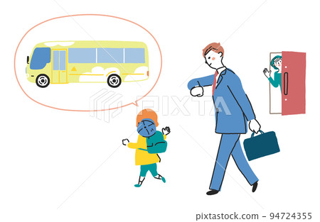 前往校車站的父母和孩子和母親送他們離開的插圖素材 94724355