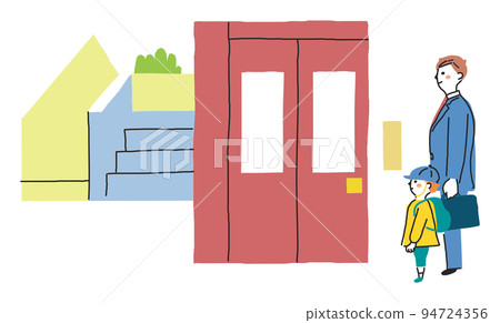 等待自動扶梯到達自動扶梯入口的父母和孩子插圖素材 94724356