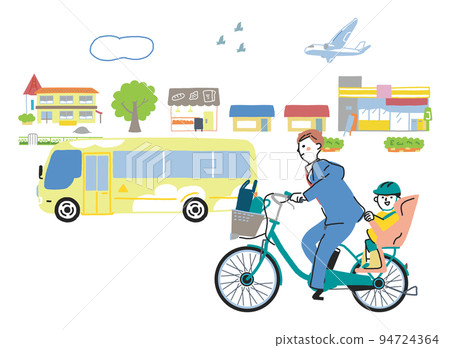 Parent and child going to kindergarten by bicycle with electric assist Illustration material 94724364