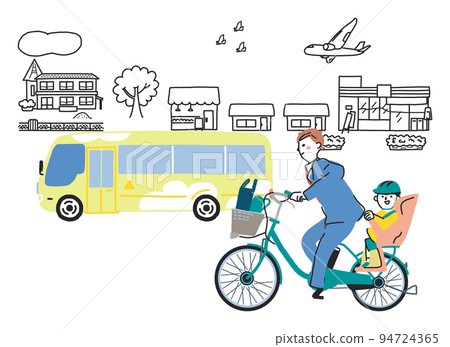 Parent and child going to kindergarten by bicycle with electric assist Illustration material 94724365