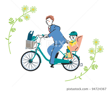 Parent and child going to kindergarten by bicycle with electric assist Illustration material 94724367