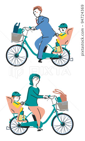 Parent and child going to kindergarten by bicycle with electric assist Illustration material 94724369
