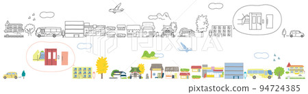 從家庭公寓到托兒所單色套裝插圖的道路沿線有各種建築物和設施 從家庭公寓到托兒所單色套裝插圖的道路沿線有各種建築物和設施 94724385