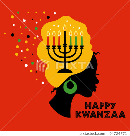 Greeting card for Kwanzaa with African women. illustration. Happy Kwanzaa decorative greeting card. seven kwanzaa candles in . 94724771