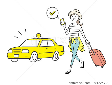 Vector illustration material: A woman who uses a smartphone and uses a taxi at a travel destination Vector illustration material: A woman who uses a smartphone and uses a taxi at a travel destination 94725720