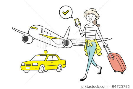 Vector illustration material: A woman who arranges an airplane or a taxi using a smartphone 94725725