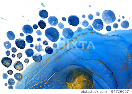 Blue and gold watercolor abstract pattern with drops. 94726007