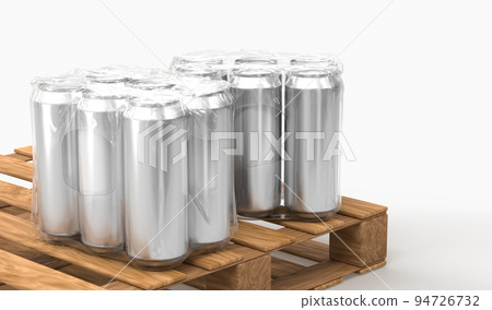 Wooden pallet with tin cans in plastic wrap. Packaging mockup for storage and delivery of drinks. Metal jars with soda or beer in transparent shrink film in factory or shop warehouse 94726732