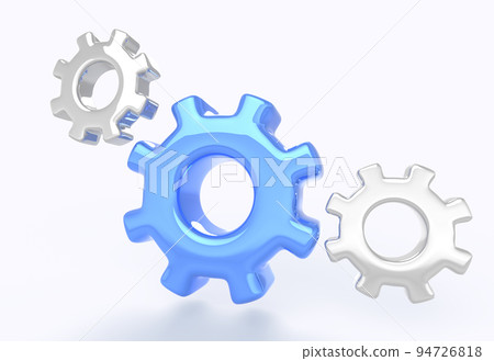 Gear icons on white background, 3D render. Metal and blue engine cogs, setting symbol. Cogwheels mechanism working process, teamwork cooperation, software development concept 94726818