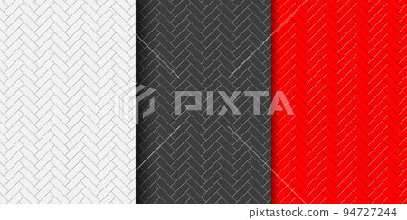 Set of white, black and red herringbone tile seamless pattern. Stone or ceramic wall background. Kitchen backsplash or bathroom wall or floor texture 94727244