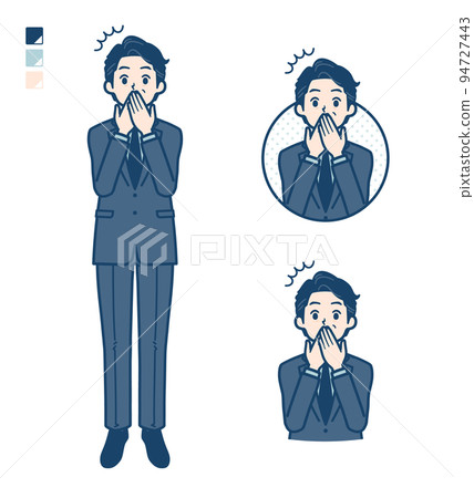 Illustration of a middle man in a suit holding his mouth and being surprised 94727443