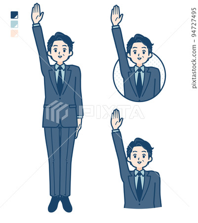 一個穿著西裝的中間人舉手的插圖 一個穿著西裝的中間人舉手的插圖 94727495