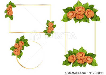 Set Golden frame decorated with roses flowers and leaves in cartoon style isolated on white background. Template for greeting, invitation. 94728098