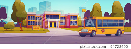 City street with school building and yellow bus 94728490