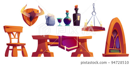 Medieval tavern furniture, wine bottles, candles Medieval tavern furniture, wine bottles, candles 94728510