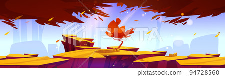 Cartoon autumn landscape lonely tree grow on rocks 94728560